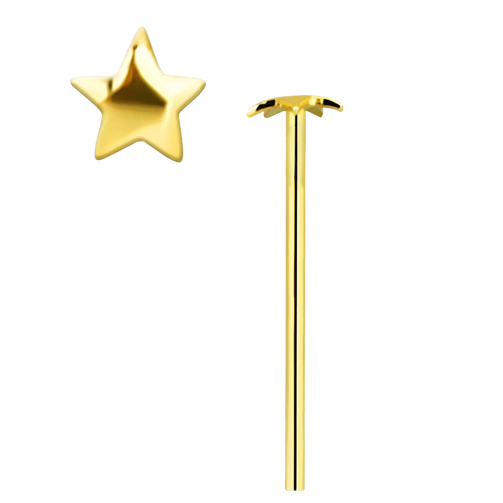 14K Yellow Gold Star Top Self-Bending Fishtail Nose Stud - 22g