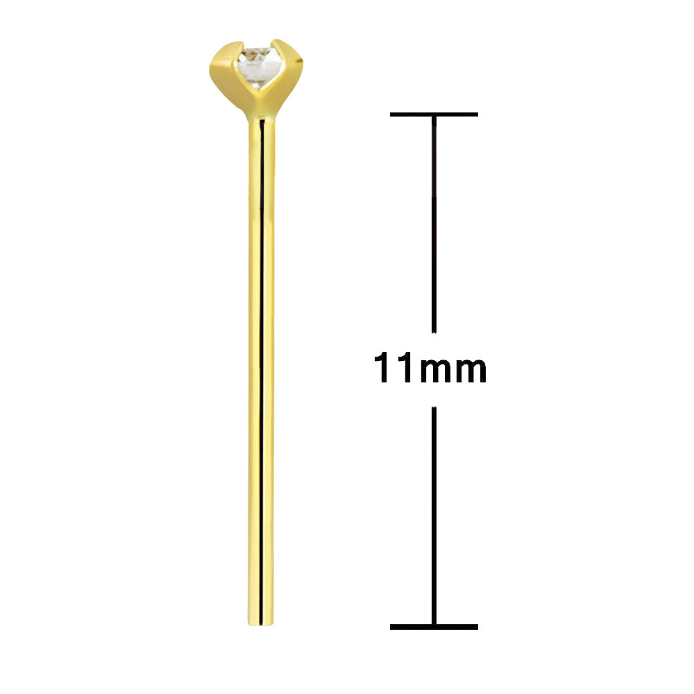 14K Yellow Gold Round Cubic Zironia Self-Bending Fishtail Nose Stud - 22g