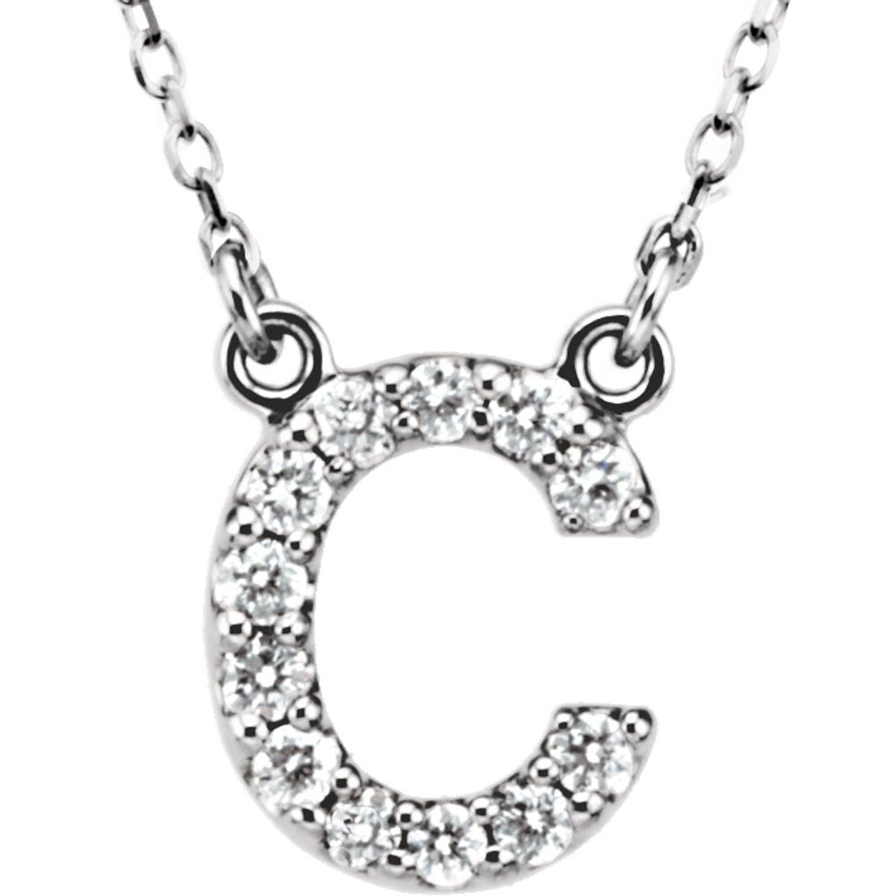 Genuine 14k White Gold 1/8 CTW White Diamond Natural Diamond Initial C Pendant Necklace