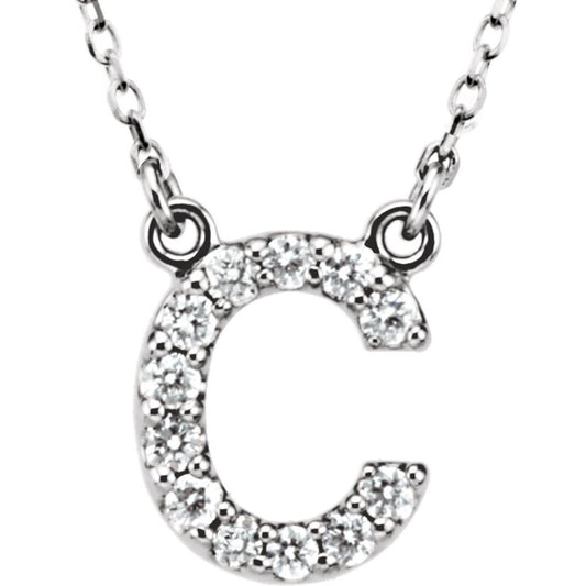 Genuine 14k White Gold 1/8 CTW White Diamond Natural Diamond Initial C Pendant Necklace