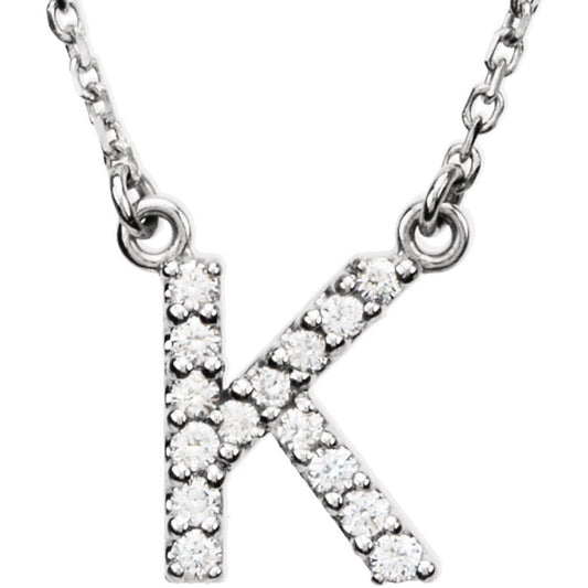 Genuine 14k White Gold 1/8ct Diamond 0.48" Letter K Pendant 16" Initial Necklace
