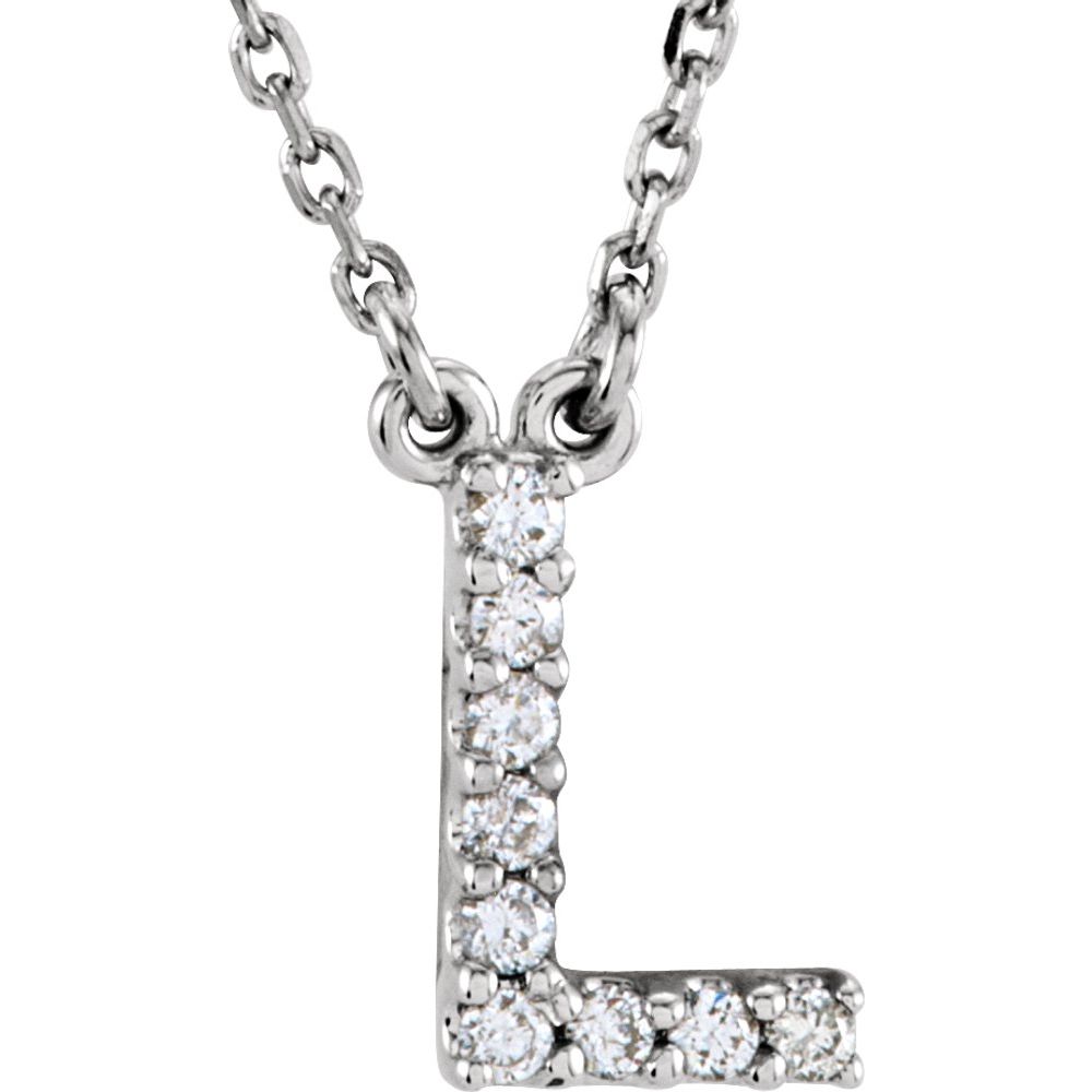 Genuine 14k White Gold .08ct Diamond 0.35" Letter L Pendant 16" Initial Necklace