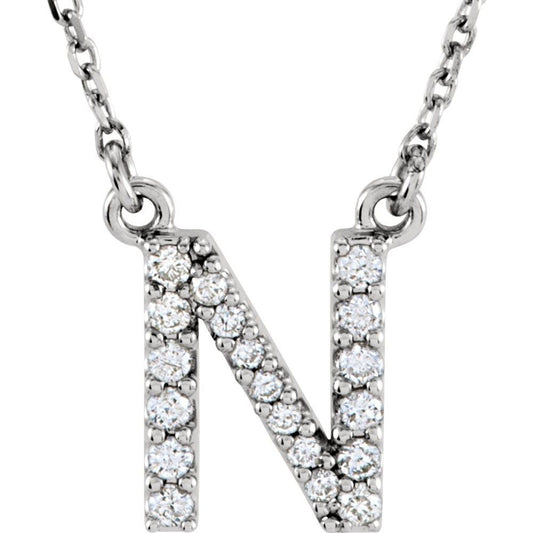 Genuine 14k White Gold 1/8ct Diamond 0.44" Letter N Pendant 16" Initial Necklace