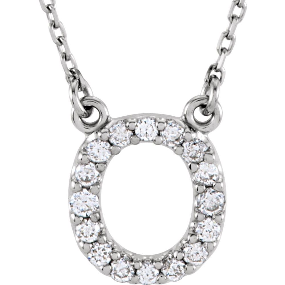 Genuine 14k White Gold 1/6ct White Diamond 0.40" Block Letter O Pendant 16"Necklace