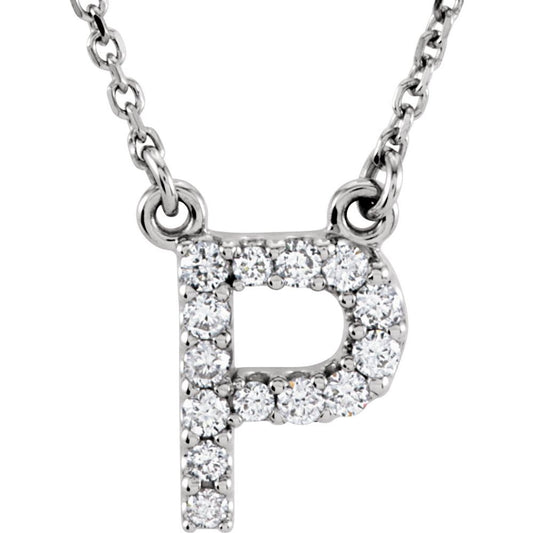 Genuine 14k White Gold 1/8ct Diamond 0.41" Letter P Pendant 16" Initial Necklace