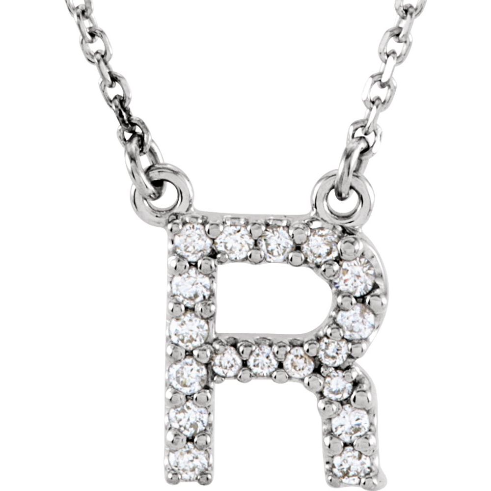 Genuine 14k White Gold 1/8ct Diamond 0.41" Letter R Pendant 16" Initial Necklace