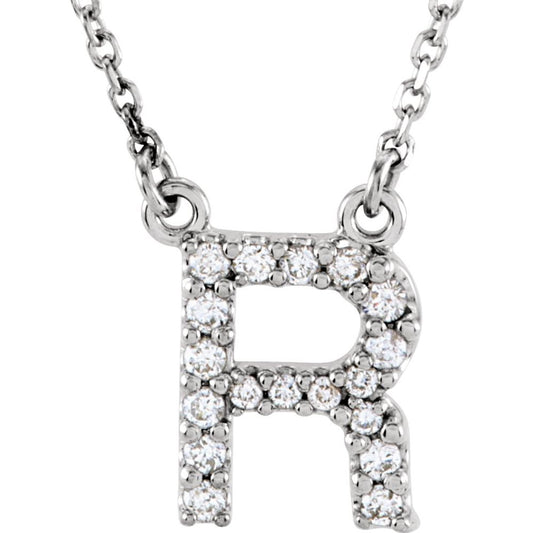 Genuine 14k White Gold 1/8ct Diamond 0.41" Letter R Pendant 16" Initial Necklace