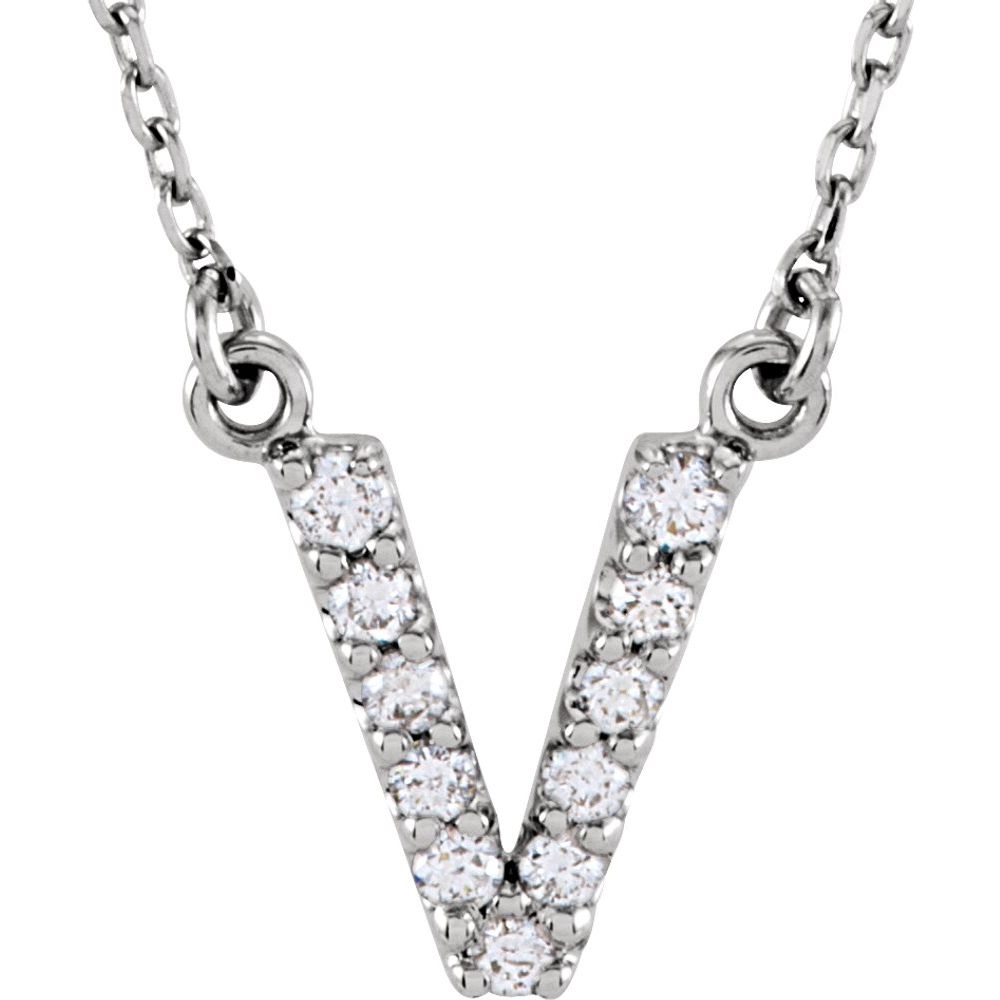 Genuine 14k White Gold 1/10ct Diamond 0.44" Letter V Pendant 16" Initial Necklace