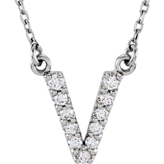 Genuine 14k White Gold 1/10ct Diamond 0.44" Letter V Pendant 16" Initial Necklace