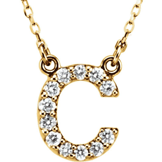 Genuine 14k Yellow Gold 1/8ct Diamond 0.37" Letter C Pendant 16" Initial Necklace