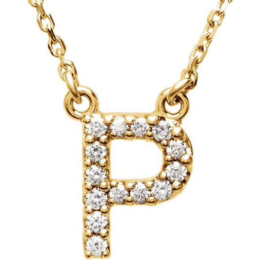 Genuine 14k Yellow Gold 1/6ct Diamond 0.35" Letter P Pendant 16" Initial Necklace