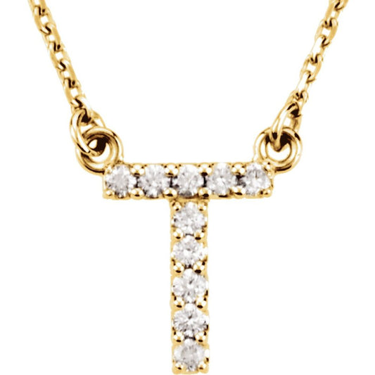 Genuine 14k Yellow Gold 1/10ct Diamond 0.35" Letter T Pendant 16" Initial Necklace