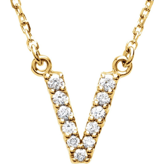 Genuine 14k Yellow Gold 1/10ct Diamond 0.36" Letter V Pendant 16" Initial Necklace