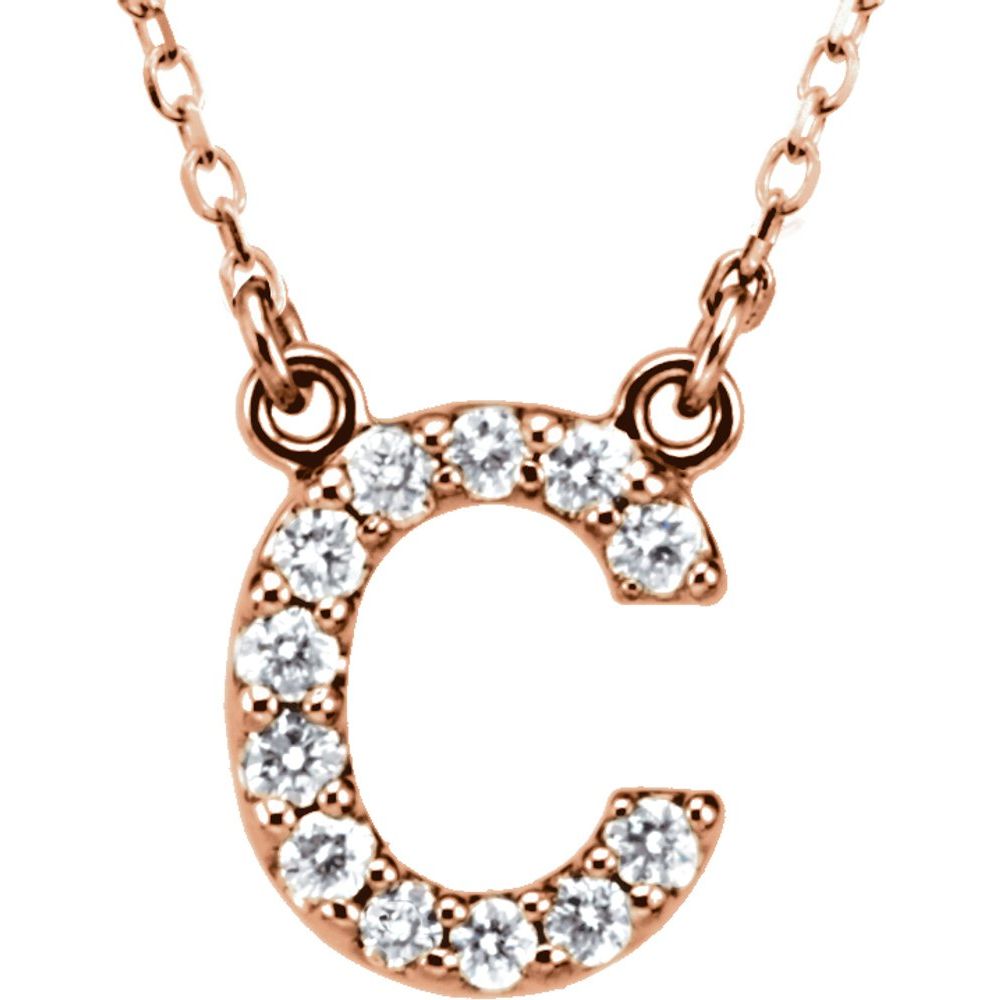 Genuine 14K Rose Gold 1/8ct White Diamond 0.37" Initial C Pendant 16" Initial Necklace