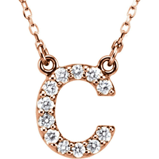 Genuine 14K Rose Gold 1/8ct White Diamond 0.37" Initial C Pendant 16" Initial Necklace