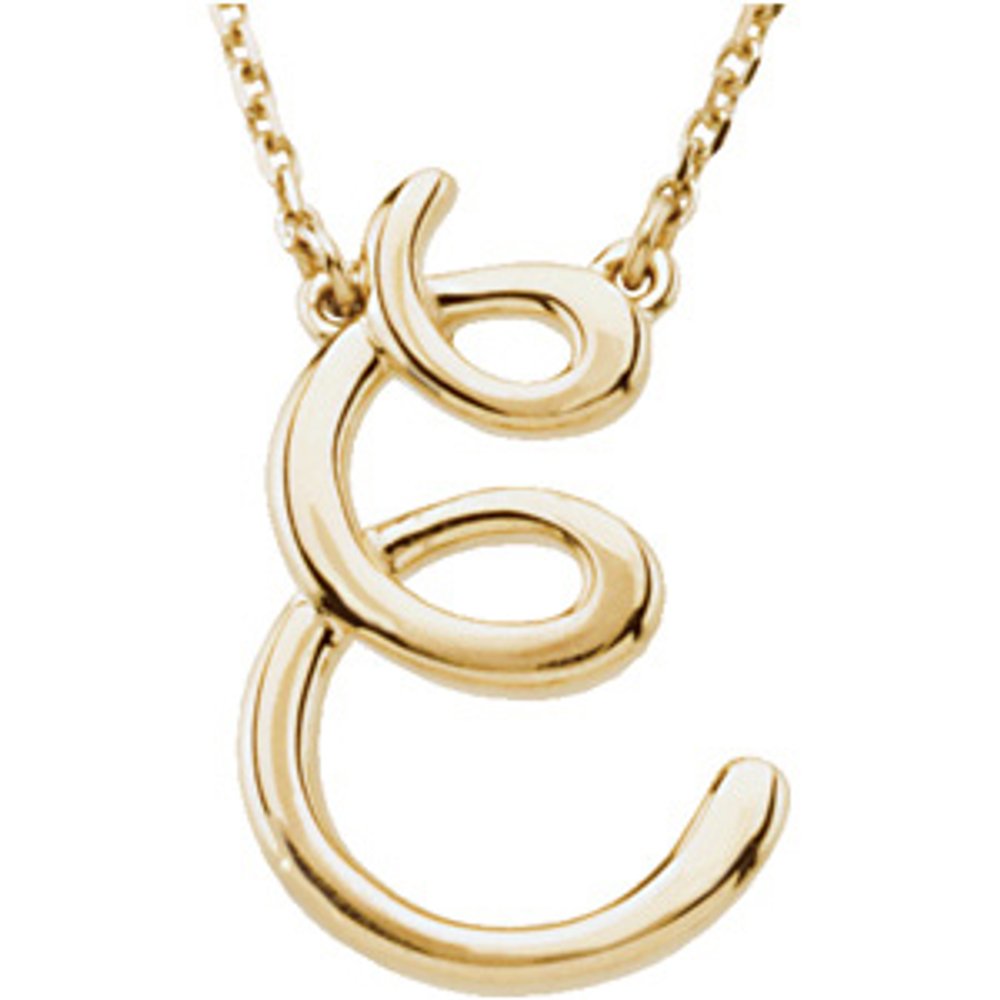 Unisex Genuine 14k Yellow Gold Script Font E Initial Necklace