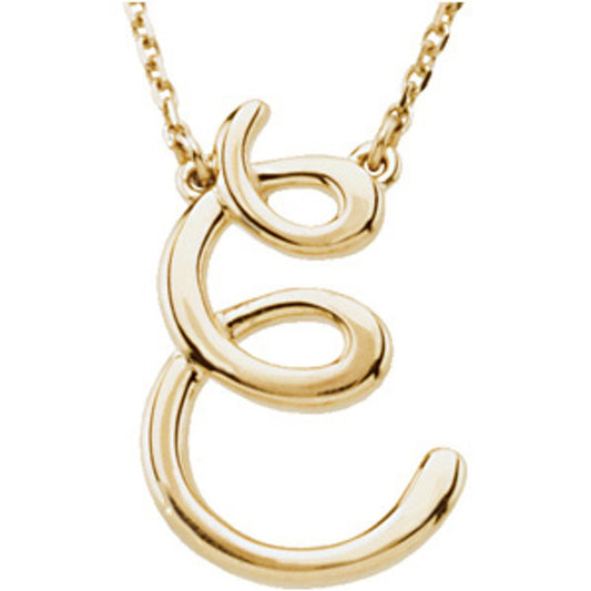 Unisex Genuine 14k Yellow Gold Script Font E Initial Necklace