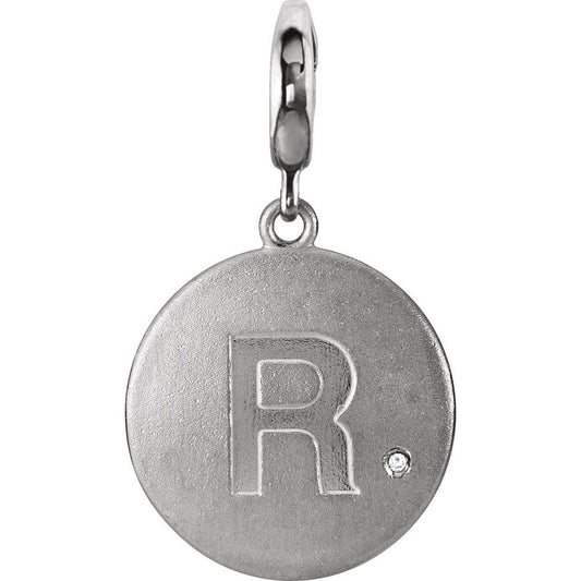 Authentic Sterling Silver Initial 'R' 0.005ct Diamond Accent Disc Women's Bracelet Charm