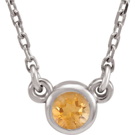Rhodium-Plated Authentic Sterling Silver 3 mm Round Natural Citrine Solitaire 16" Necklace