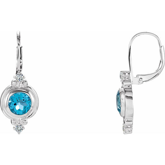 Authentic Sterling Silver Natural Swiss Blue Topaz & Imitation White Cubic Zirconia Lever Back Earrings