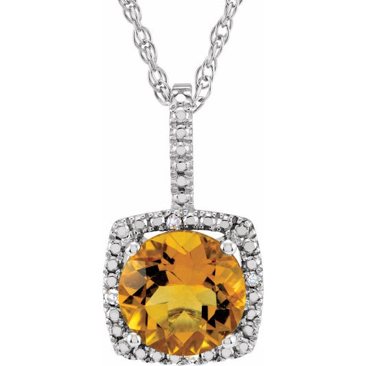 Authentic Sterling Silver 7 mm Natural Citrine & .015 CTW Natural Diamond 18" Necklace