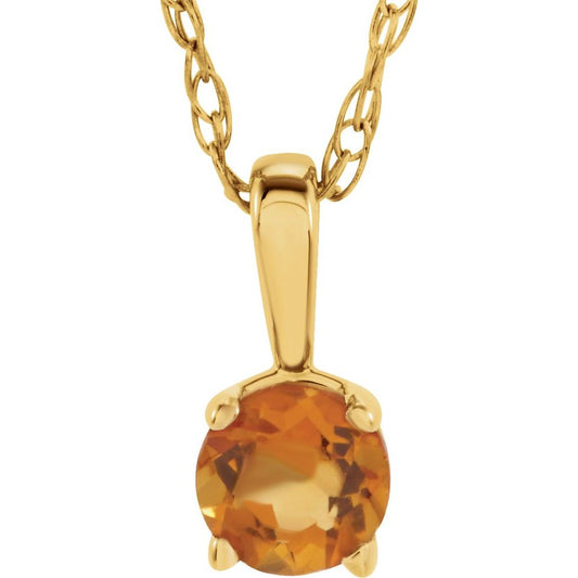 Genuine 14k Yellow Gold 3 mm Imitation Citrine Youth Solitaire 14" Necklace