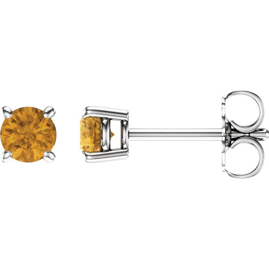 Genuine 14k White Gold 4 mm Natural Citrine Stud Earrings
