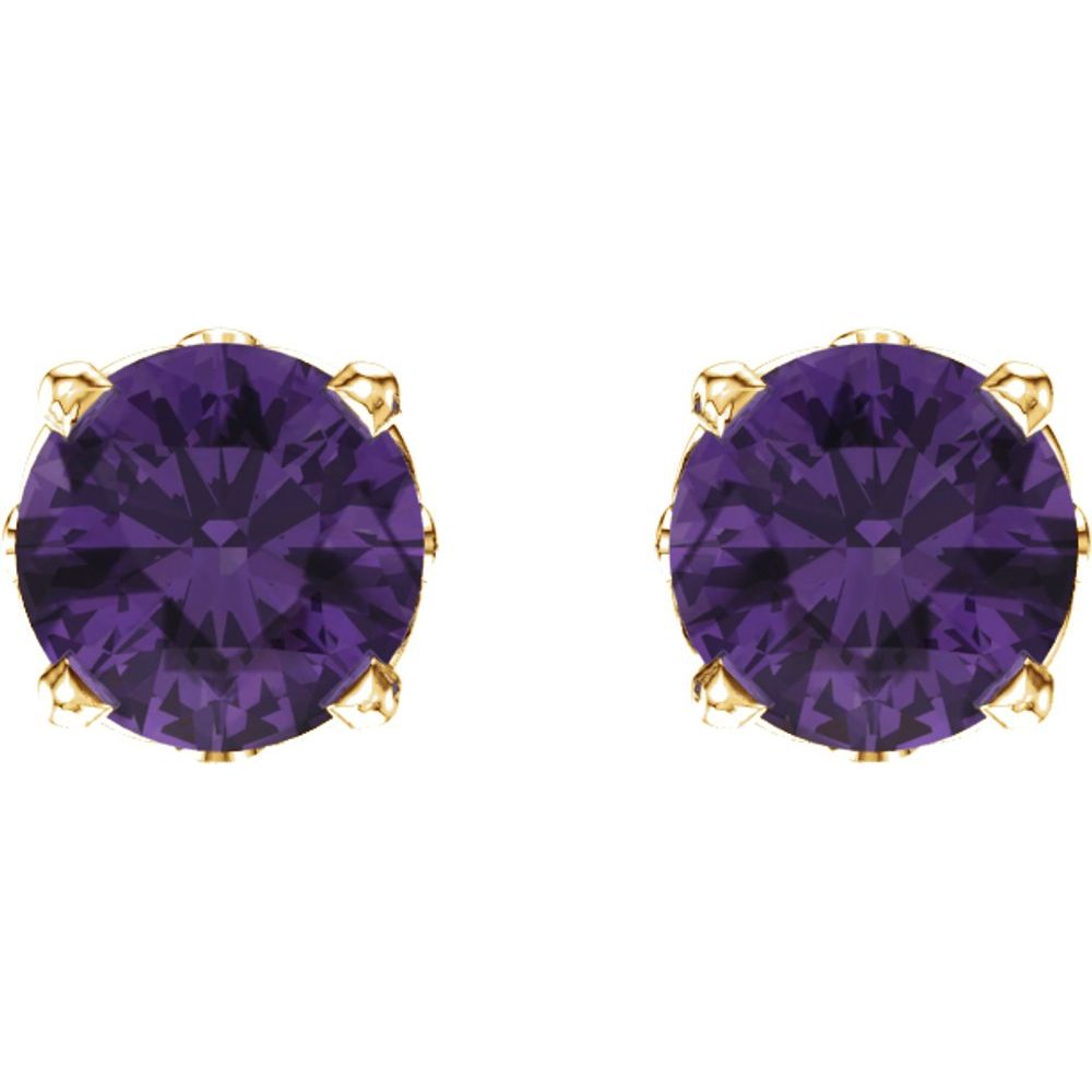Genuine 14k Yellow Gold Natural Amethyst 4-Prong Scroll Setting Stud Earrings