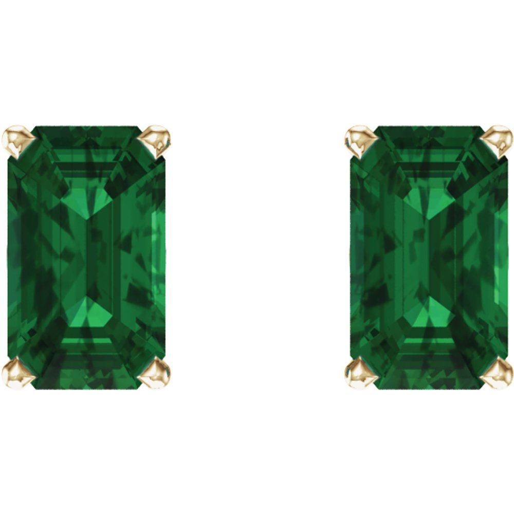 Genuine 14k Yellow Gold Lab-Grown Emerald Emerald-cut Stud Earrings