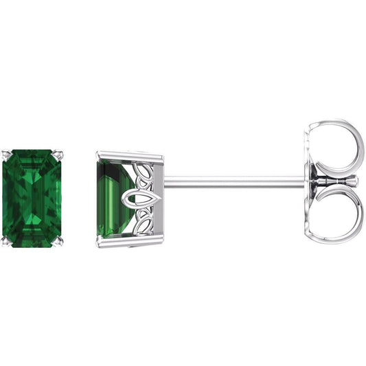 Genuine 14k White Gold Lab-Grown Emerald Emerald-cut Stud Earrings