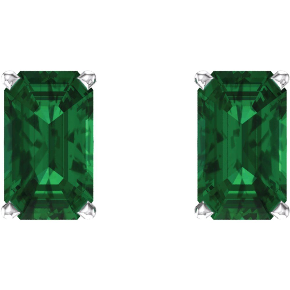 Genuine 14k White Gold Lab-Grown Emerald Emerald-cut Stud Earrings
