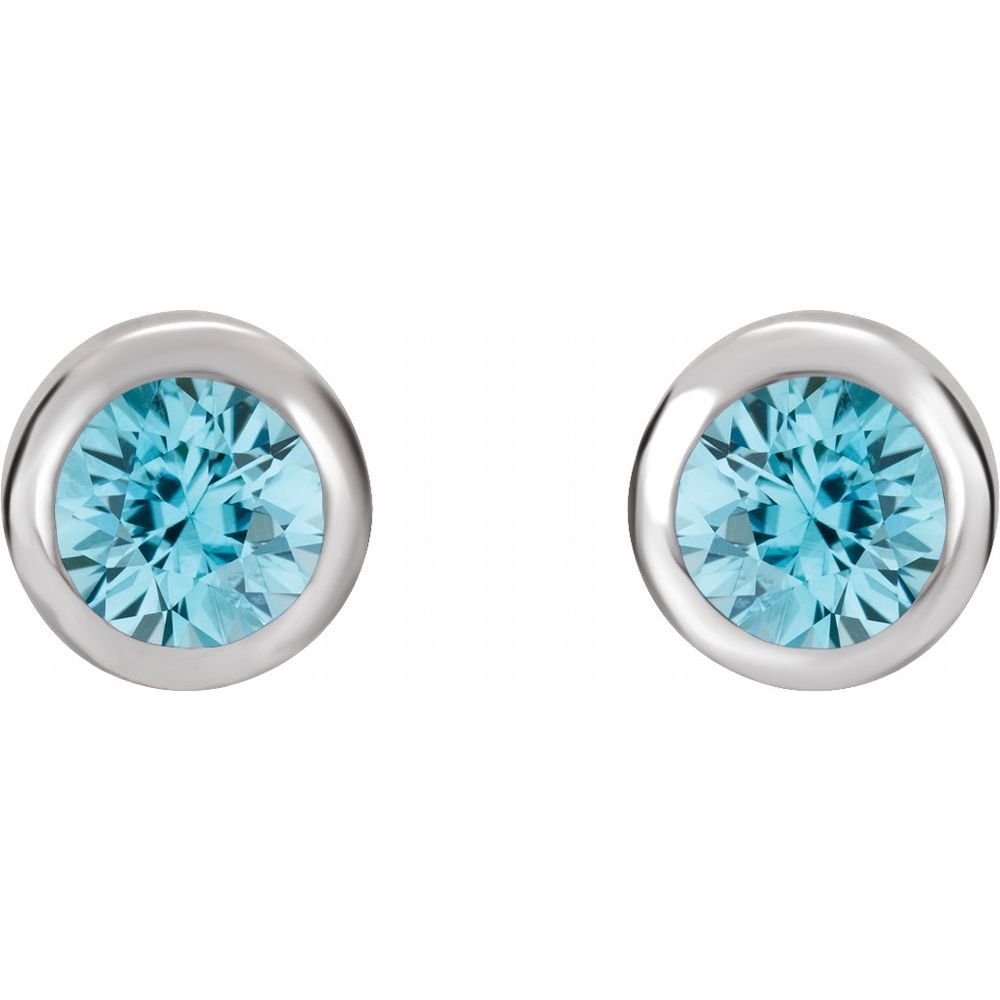 Genuine 14k White Gold 4 mm Natural Blue Zircon Bezel-Set Earrings