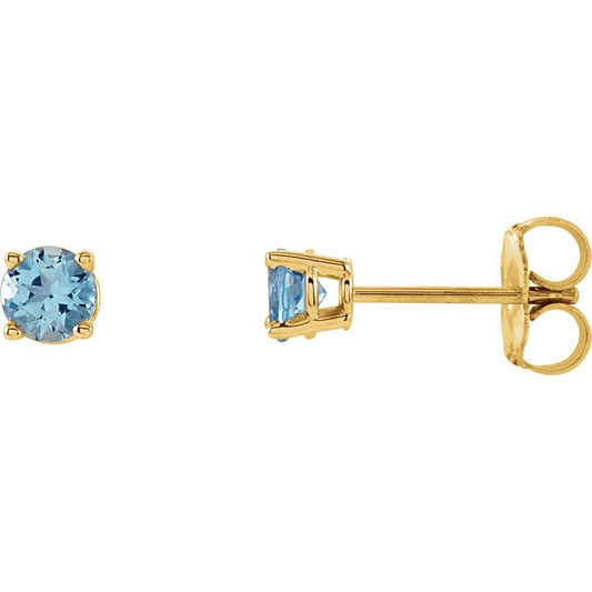 Genuine 14k Yellow Gold 4 mm Natural Aquamarine Stud Earrings