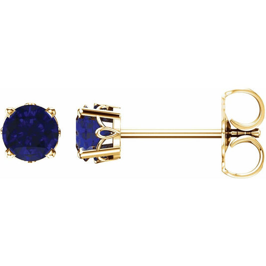 Genuine 14k Yellow Gold Lab-Grown Sapphire 4-Prong Scroll Setting Stud Earrings