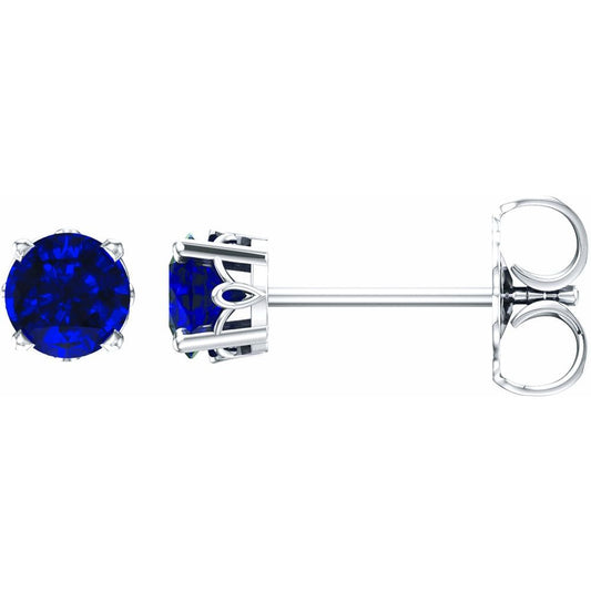 Genuine 14k White Gold Lab-Grown Sapphire 4-Prong Scroll Setting Stud Earrings