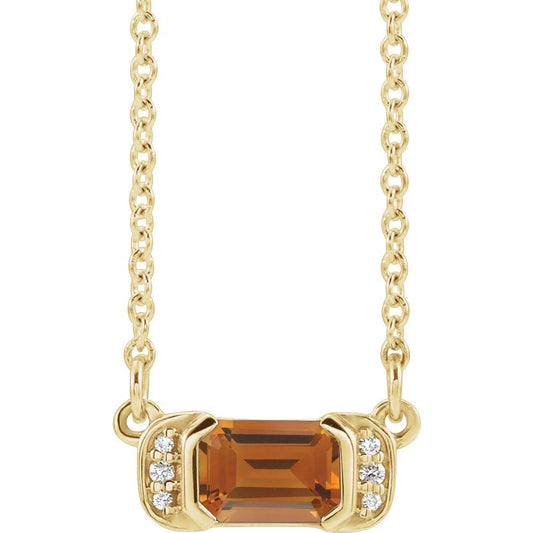 Genuine 14k Yellow Gold Natural Citrine & .02 CTW Natural Diamond Bar 16" Necklace