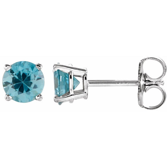 Genuine 14k White Gold 5 mm Natural Blue Zircon Stud Earrings