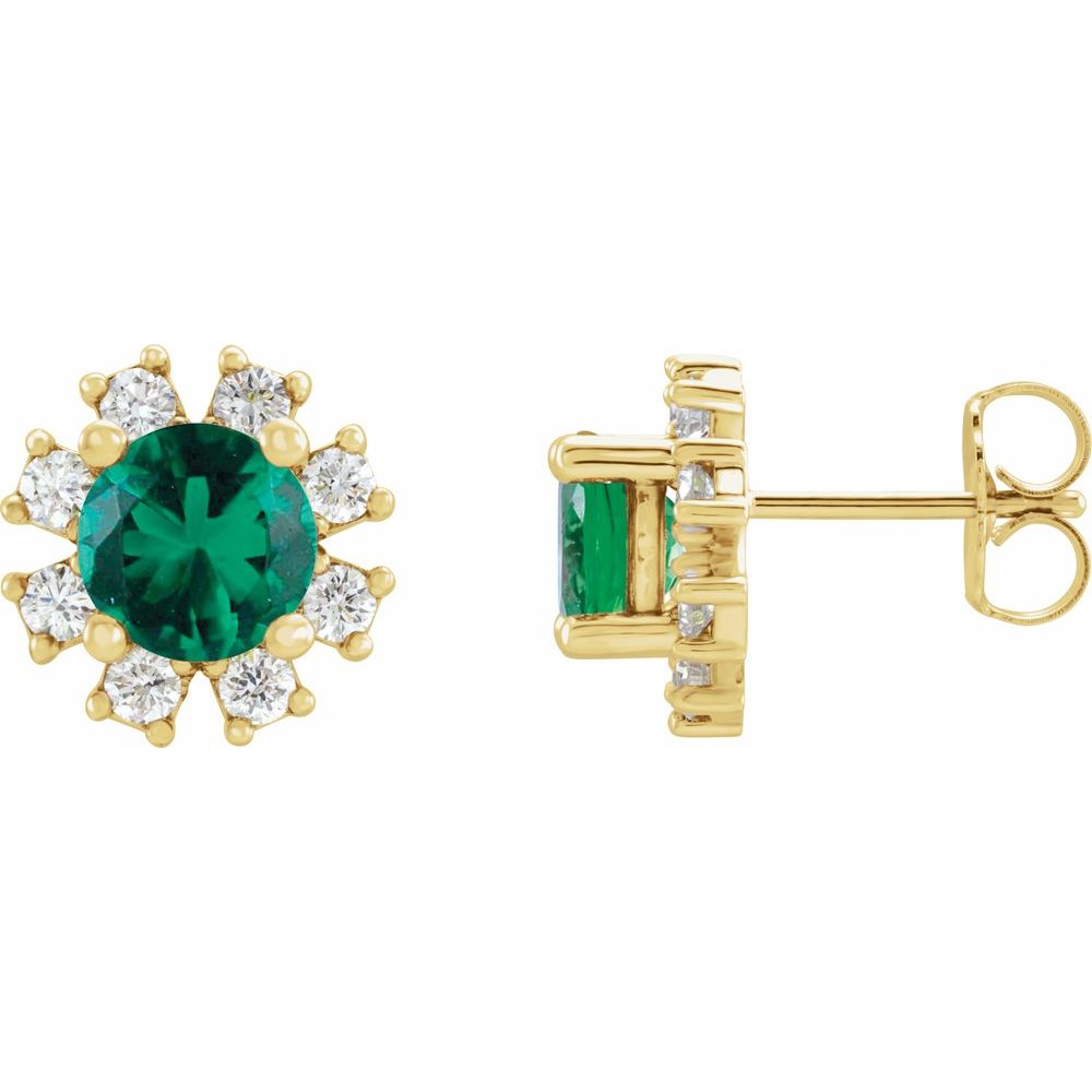 Genuine 14k Yellow Gold Lab-Grown Emerald & .06 CTW Natural Diamond Earrings