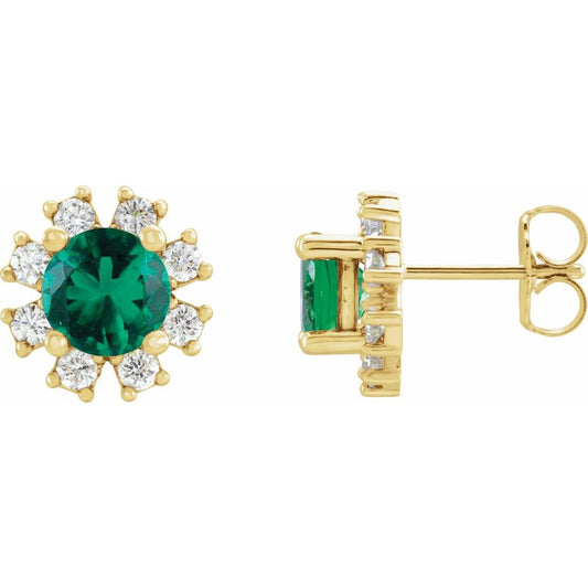 Genuine 14k Yellow Gold Lab-Grown Emerald & .06 CTW Natural Diamond Earrings
