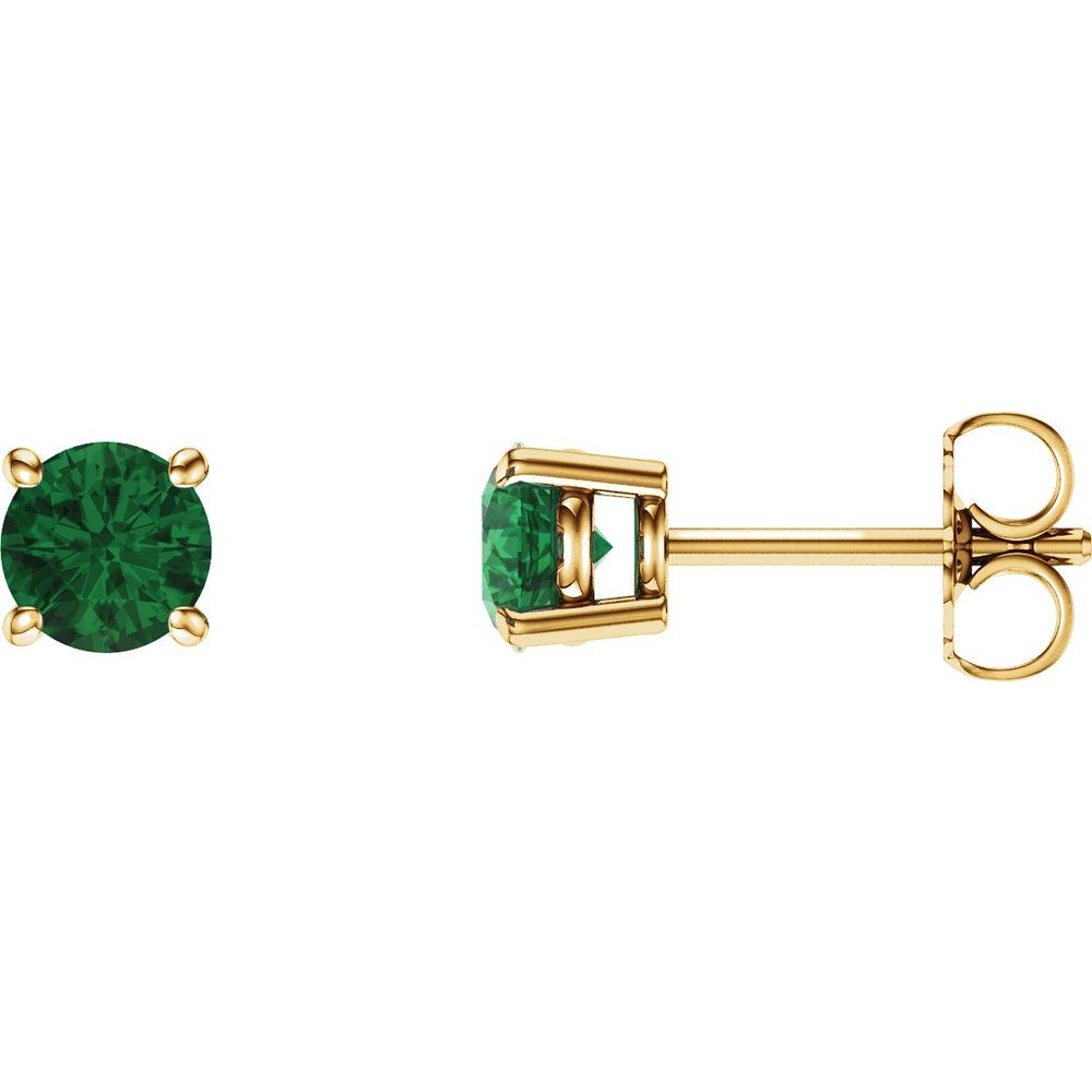 Genuine 14k Yellow Gold 5 mm Lab-Grown Emerald Stud Earrings