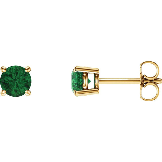 Genuine 14k Yellow Gold 5 mm Lab-Grown Emerald Stud Earrings