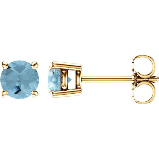 Genuine 14k Yellow Gold 5 mm Natural Aquamarine Stud Earrings