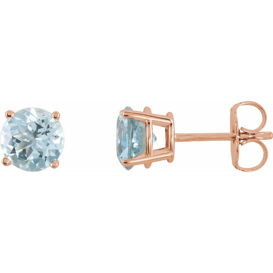 Genuine 14K Rose Gold 5 mm Natural Aquamarine Stud Earrings