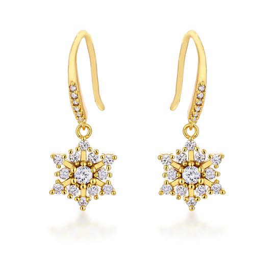 Winter Holiday Gold Plated Cubic Zirconia Snowflake Drop Earrings for Girls and Women