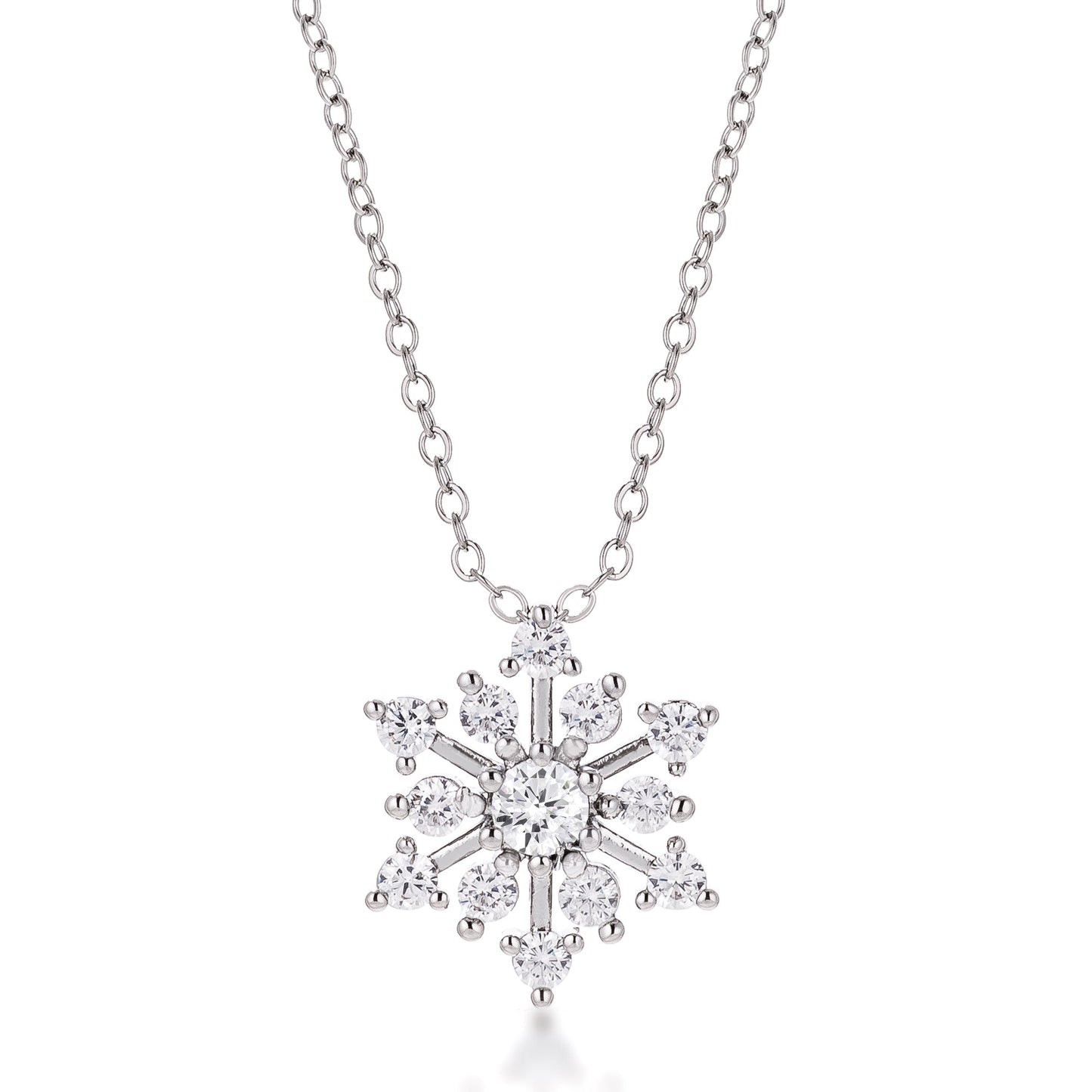 Winter Holiday Silvertone Rhodium Plated Cubic Zirconia Snowflake Necklace for Girls and Women