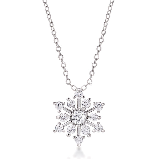 Winter Holiday Silvertone Rhodium Plated Cubic Zirconia Snowflake Necklace for Girls and Women