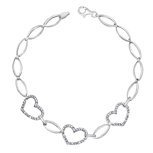 Genuine 14k White Gold Large Link Cubic Zirconia CZ Heart 7.25" Women's Bracelet