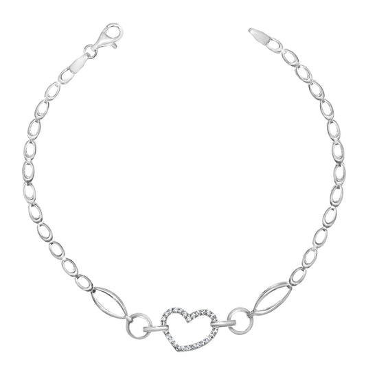 Genuine 14k White Gold Large Link Cubic Zirconia CZ Heart 7.25" Women's Bracelet