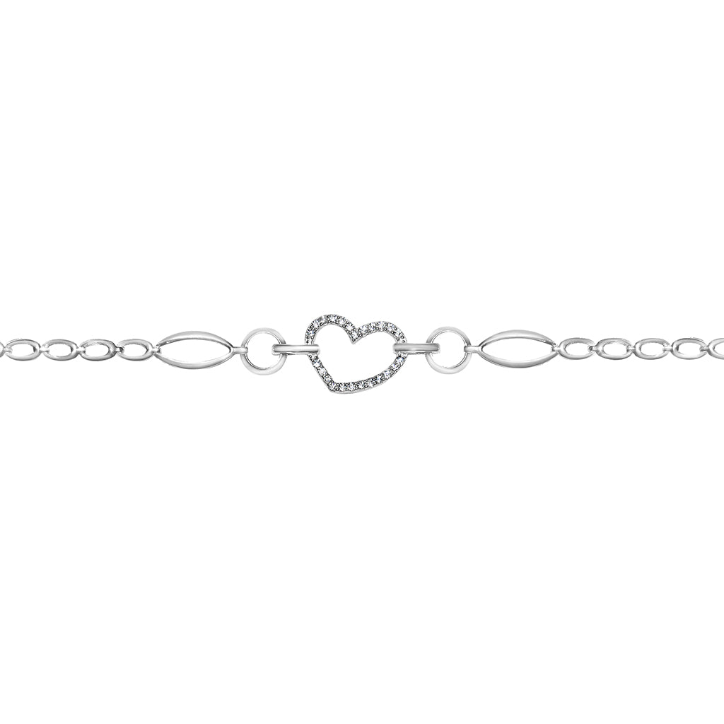Genuine 14k White Gold Large Link Cubic Zirconia CZ Heart 7.25" Women's Bracelet
