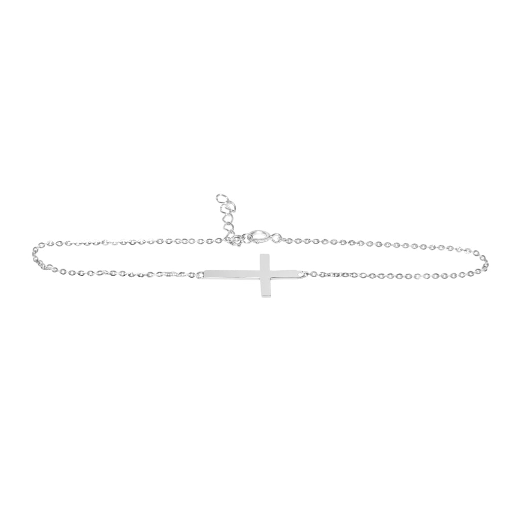 Genuine 14k White Gold Sideways Cross Chain 7"+1" Women's Bracelet